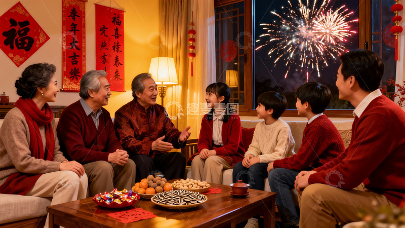 高清大图下载【趣麦麦图】家庭团聚赏烟花其乐融融