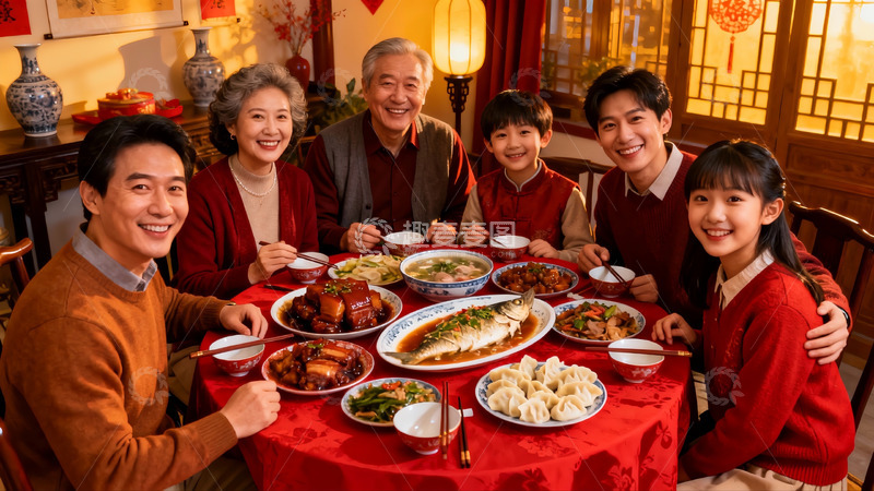 高清大图下载【趣麦麦图】全家围坐餐桌共享丰盛团圆饭