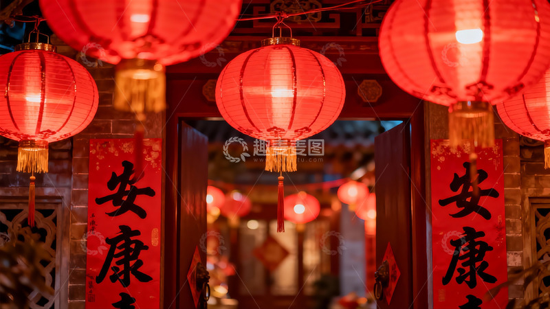 高清大图下载【趣麦麦图】红灯笼映衬古建筑门扉