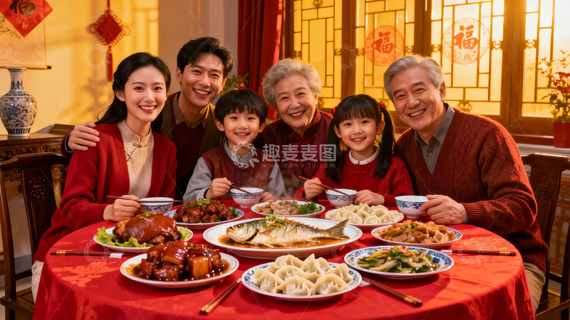 高清大图下载【趣麦麦图】三代同堂年夜饭温馨场景