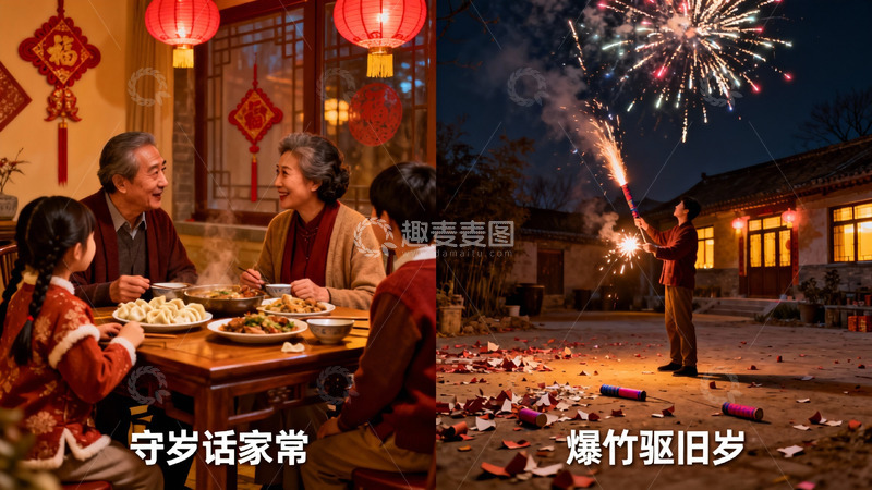 高清大图下载【趣麦麦图】除夕夜家庭团聚燃放烟花