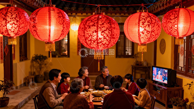 中秋团圆夜家人围坐赏灯聚餐