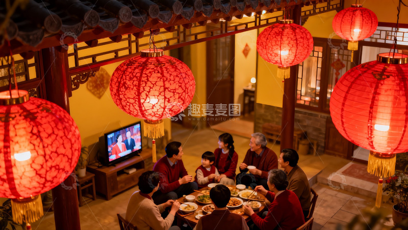 高清大图下载【趣麦麦图】中式庭院夜宴团圆饭