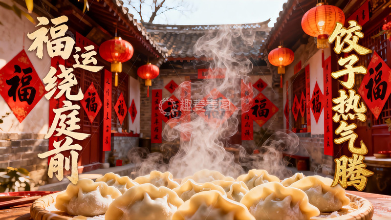 高清大图下载【趣麦麦图】热气腾腾的饺子与传统庭院