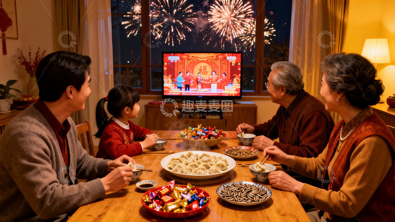 高清大图下载【趣麦麦图】除夕夜家人围坐吃饺子看烟花