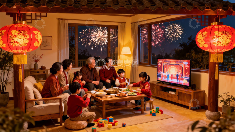 高清大图下载【趣麦麦图】家庭欢聚夜放烟花共庆佳节