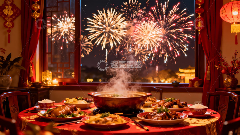 高清大图下载【趣麦麦图】室内年夜饭窗外烟花绽放