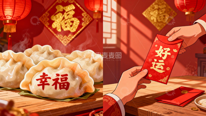 高清大图下载【趣麦麦图】春节饺子红包喜庆场景