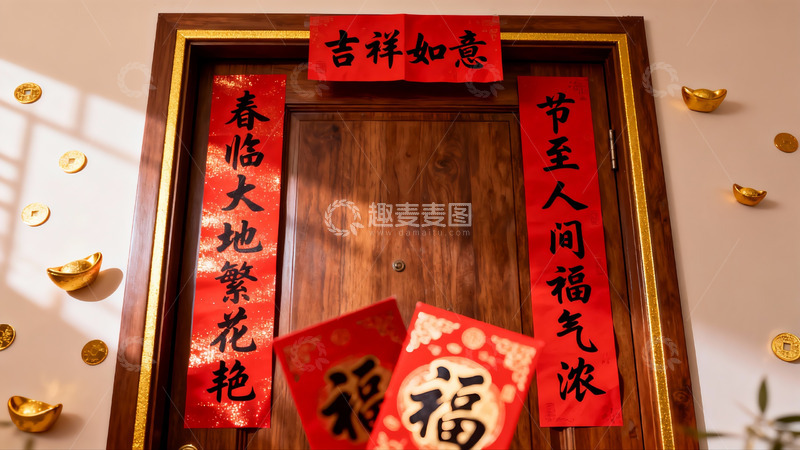 高清大图下载【趣麦麦图】春节门贴福字挂金元宝