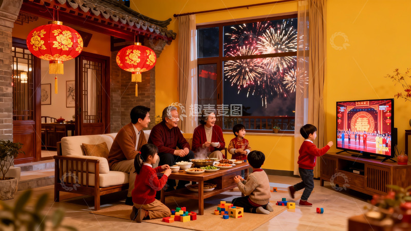 高清大图下载【趣麦麦图】家庭除夕夜观看烟花电视