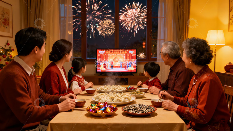 高清大图下载【趣麦麦图】家庭除夕夜看烟花吃饺子