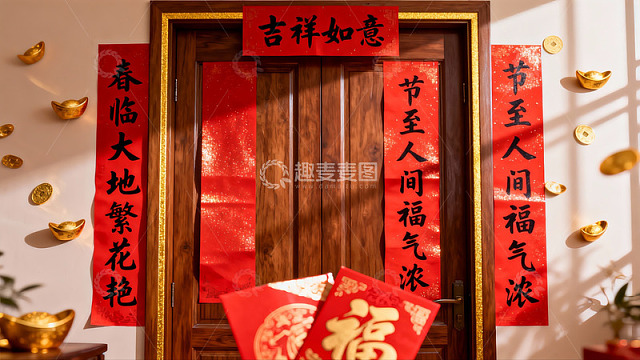 春节门贴对联与福袋装饰