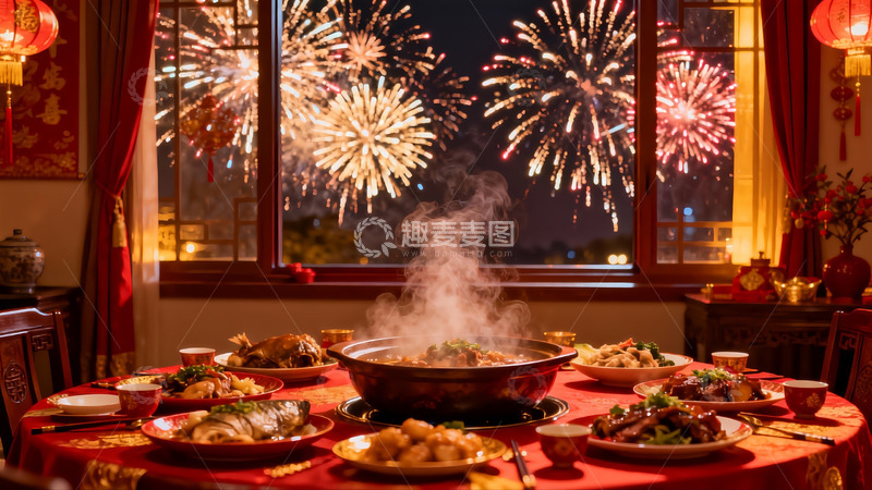 高清大图下载【趣麦麦图】年夜饭窗外烟花绽放