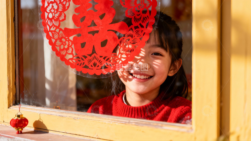 高清大图下载【趣麦麦图】窗边女孩笑对剪纸红灯笼