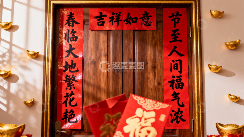 高清大图下载【趣麦麦图】春节门贴福袋金元宝装饰