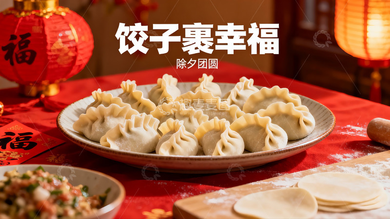 高清大图下载【趣麦麦图】饺子团圆夜 红灯笼福字