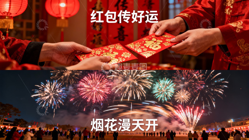 高清大图下载【趣麦麦图】春节红包烟花庆团圆