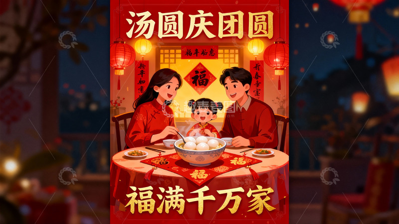 高清大图下载【趣麦麦图】元宵节家庭团圆吃汤圆