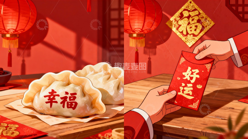 高清大图下载【趣麦麦图】春节饺子红包喜庆场景