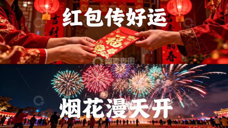 高清大图下载【趣麦麦图】春节红包烟花庆团圆