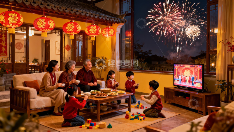 高清大图下载【趣麦麦图】家庭除夕夜赏烟花团聚