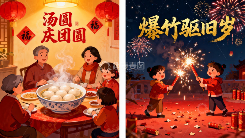 高清大图下载【趣麦麦图】春节团圆与烟花庆祝场景