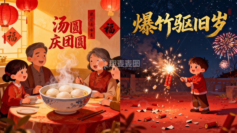 高清大图下载【趣麦麦图】-春节团圆与放烟花庆祝