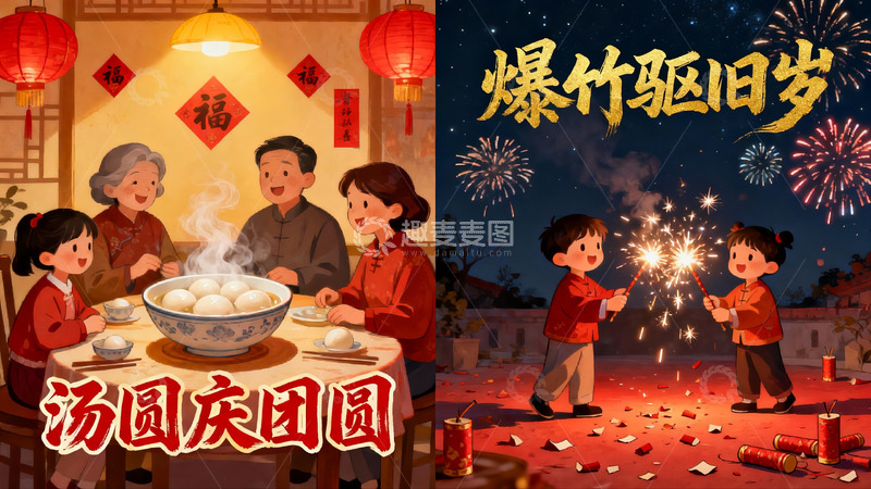 高清大图下载【趣麦麦图】春节团圆与烟花庆祝场景