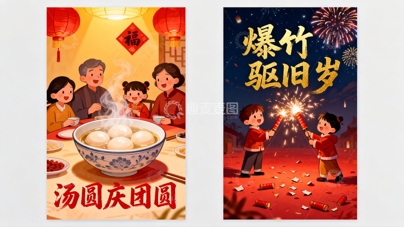 高清大图下载【趣麦麦图】春节团圆与烟花庆祝场景