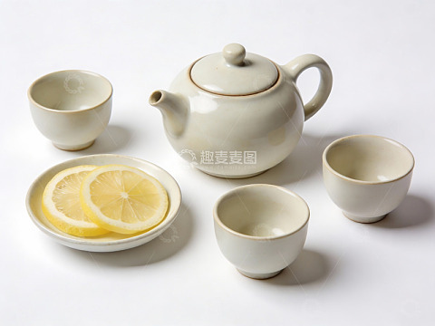 白色茶具配柠檬片静物摆拍