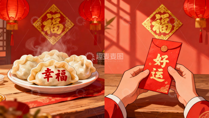 高清大图下载【趣麦麦图】春节饺子红包喜庆场景