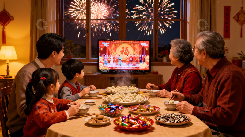 高清大图下载【趣麦麦图】除夕夜家人围坐吃年夜饭