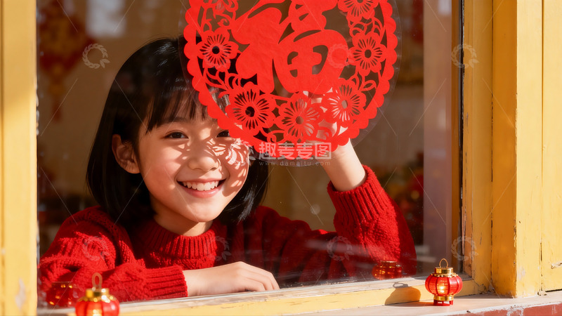高清大图下载【趣麦麦图】窗边女孩手持红色剪纸福字