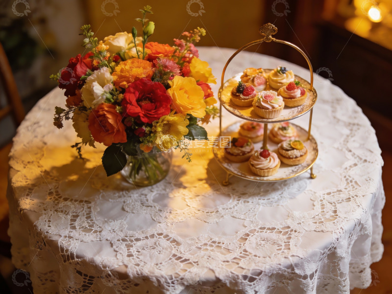 高清大图下载【趣麦麦图】精致花束与甜点摆放在蕾丝桌布上