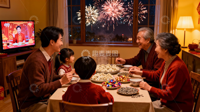 高清大图下载【趣麦麦图】除夕夜家人围坐吃饺子赏烟花