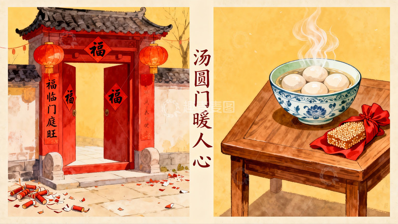 高清大图下载【趣麦麦图】春节门庭与汤圆美食插画