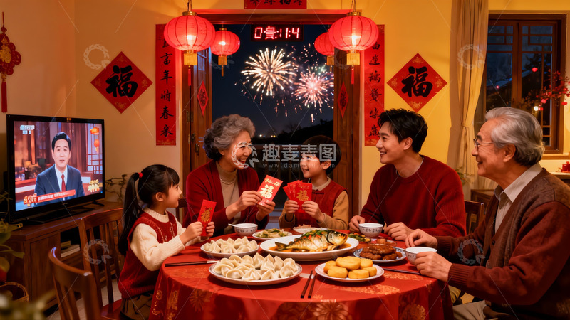 高清大图下载【趣麦麦图】春节家庭团聚吃年夜饭