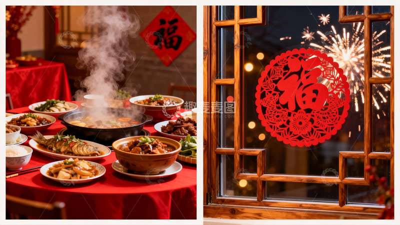 高清大图下载【趣麦麦图】春节团圆饭与窗花烟花