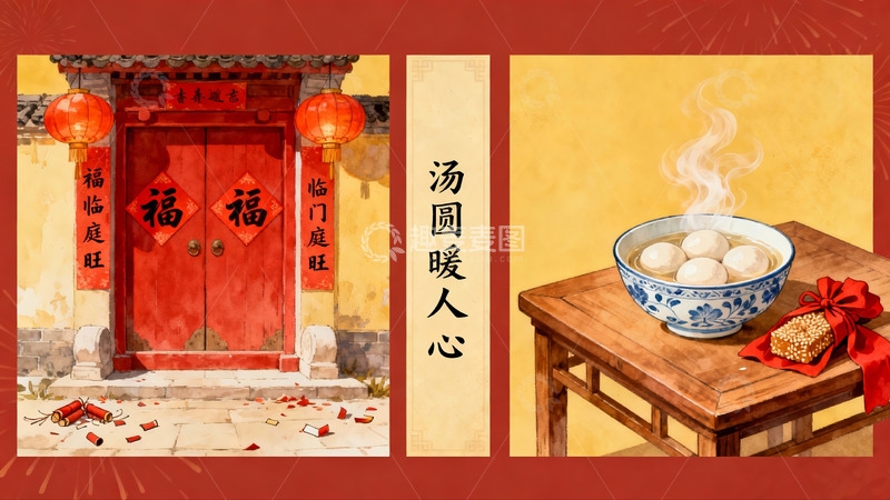 高清大图下载【趣麦麦图】春节门景与汤圆美食插画