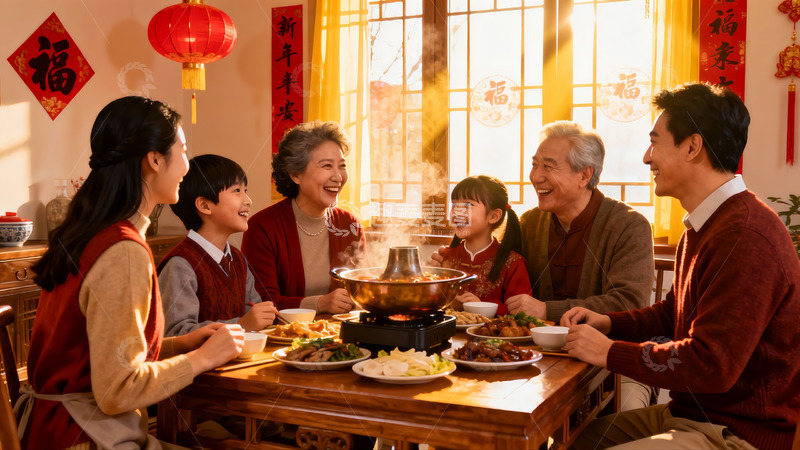 高清大图下载【趣麦麦图】春节家庭聚餐其乐融融
