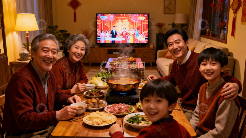 高清大图下载【趣麦麦图】温馨家庭围坐餐桌共进晚餐