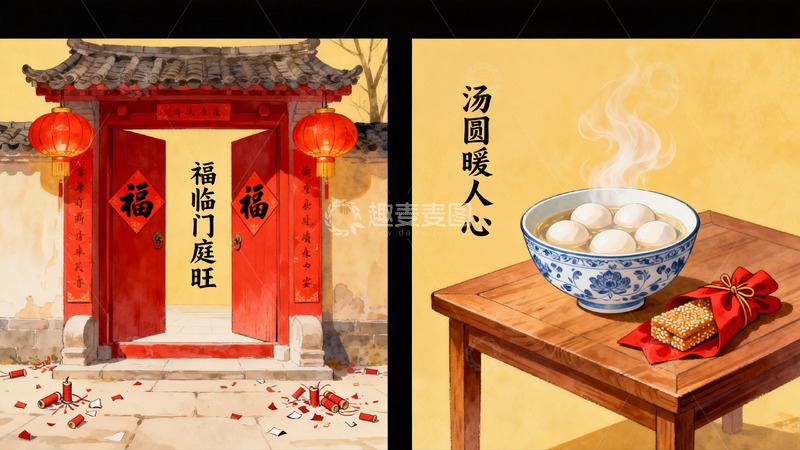高清大图下载【趣麦麦图】春节庭院与汤圆美食插画