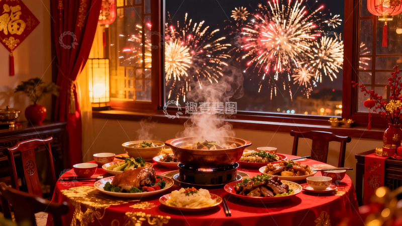 高清大图下载【趣麦麦图】年夜饭窗外烟花绽放