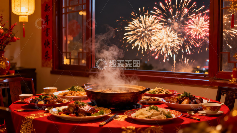 高清大图下载【趣麦麦图】年夜饭窗外烟花绽放