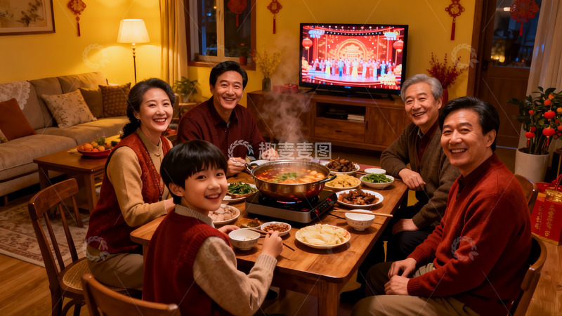 高清大图下载【趣麦麦图】三代同堂围坐餐桌享团圆饭