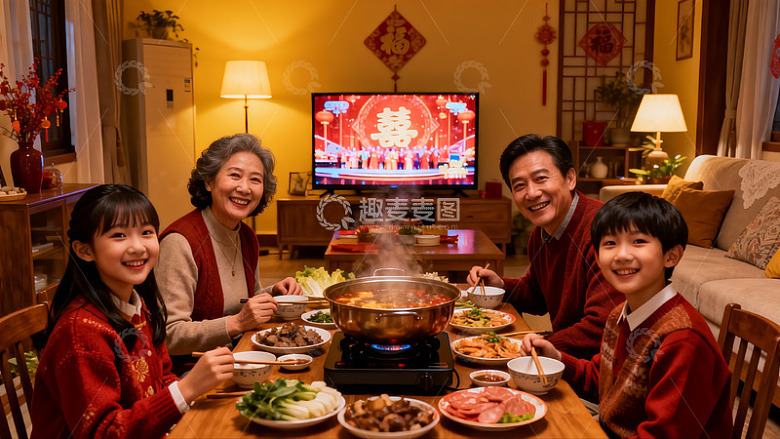 温馨家庭围坐餐桌共享火锅
