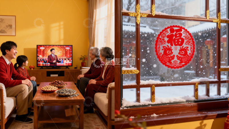 高清大图下载【趣麦麦图】春节家庭团聚看电视