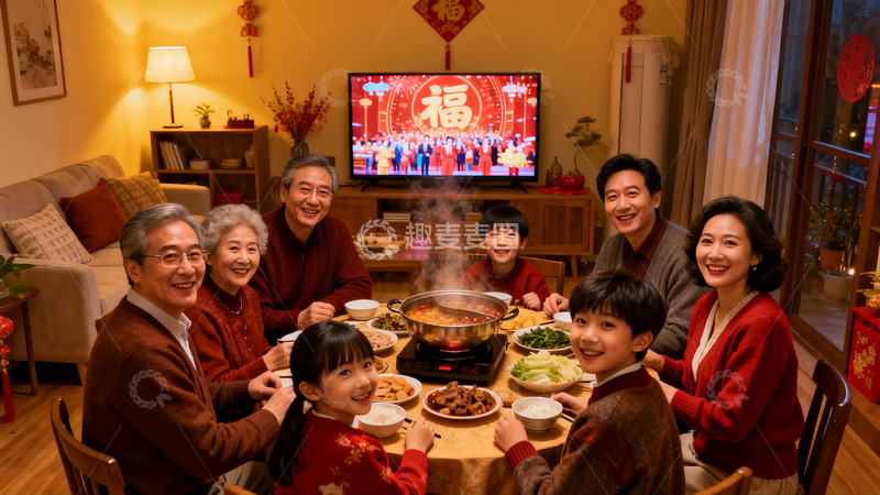 高清大图下载【趣麦麦图】家庭围坐餐桌共进年夜饭