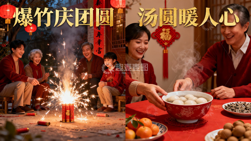 高清大图下载【趣麦麦图】春节团圆夜烟花汤圆共庆佳节