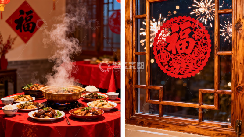 高清大图下载【趣麦麦图】春节团圆饭与窗花烟花